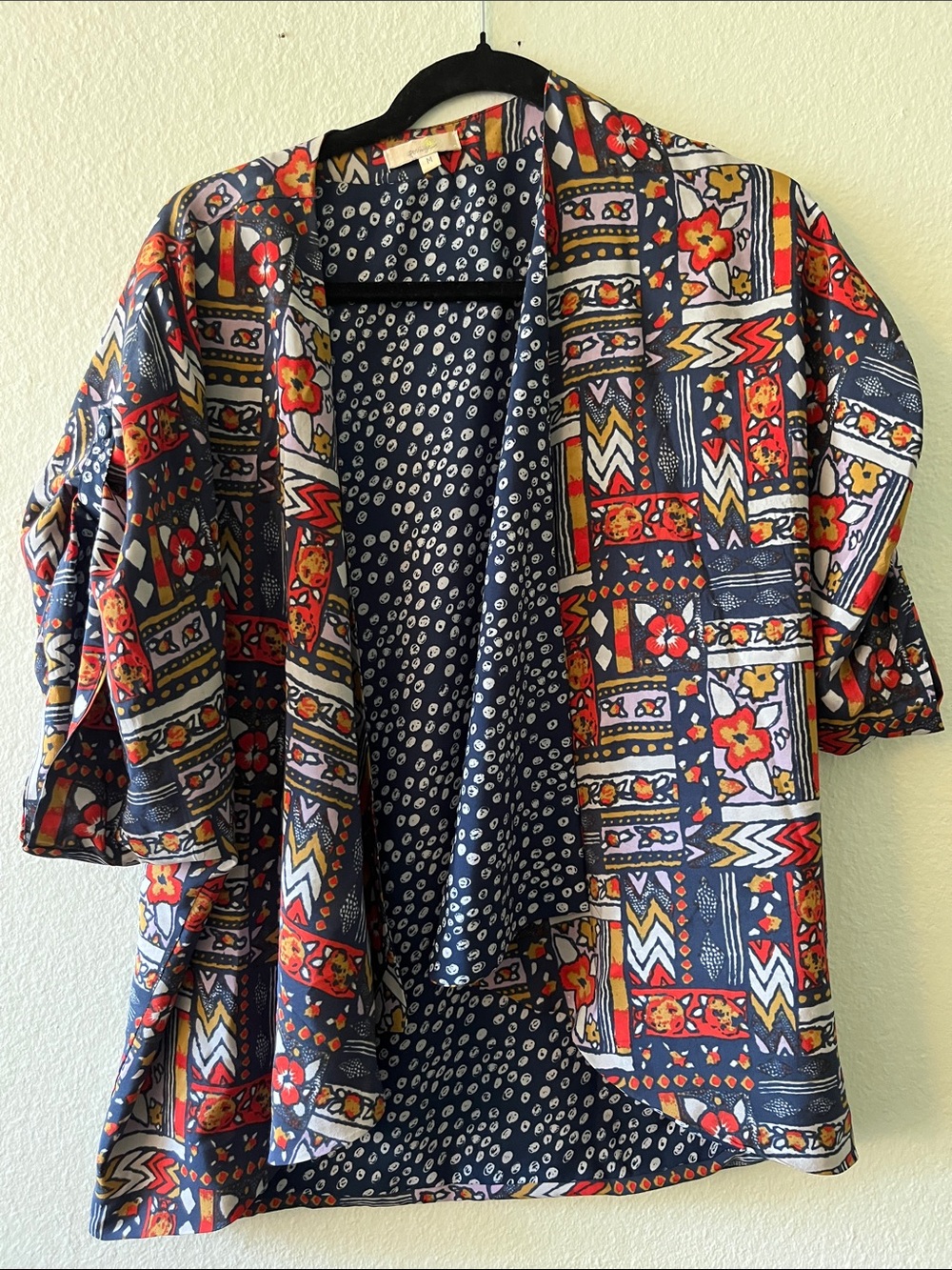 Anthropologie Porridge Vibrant Navy and Orange Patchwork Floral Kimono Jacket